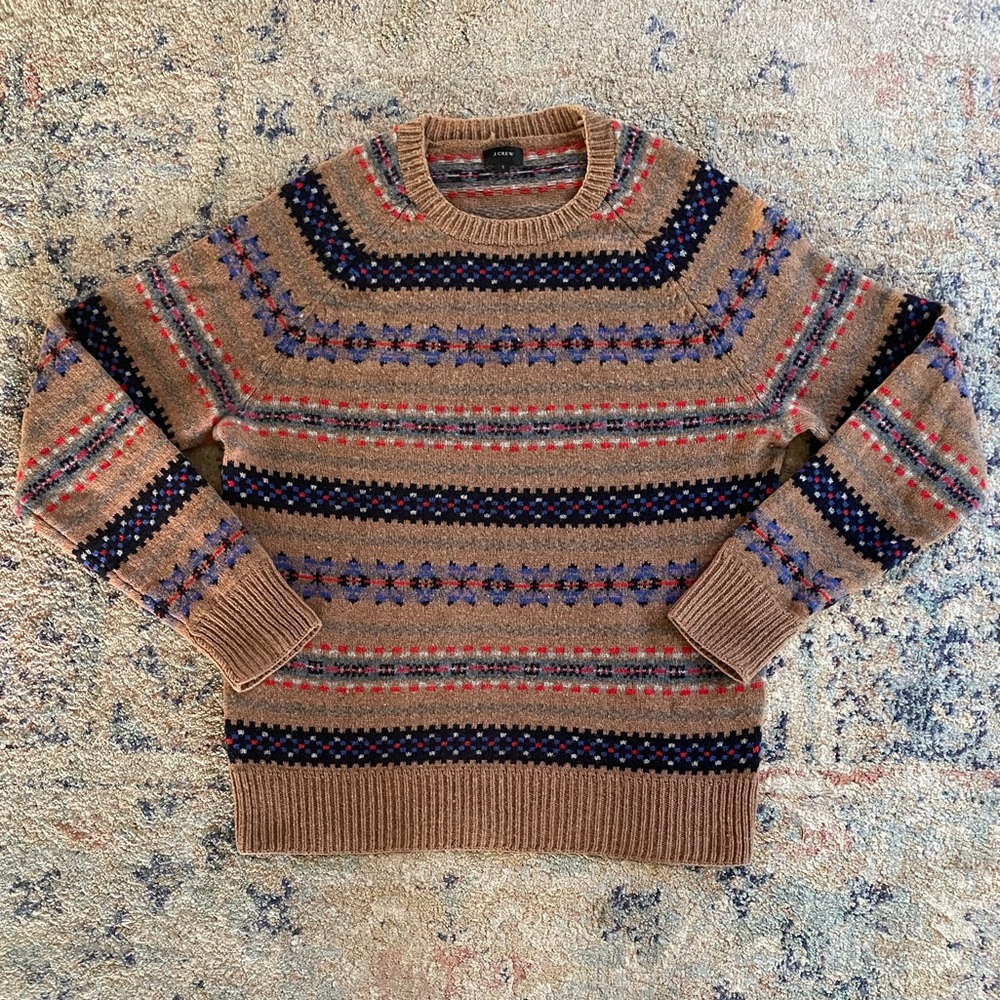 J. Crew Brown and Blue Crewneck Sweater with Nordic Design